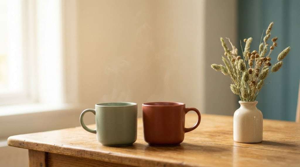 Zwei dampfende Tassen auf einem Holztisch, daneben eine kleine Vase mit getrocknetem Gras — Vertrauen und Gespräch ohne Personen