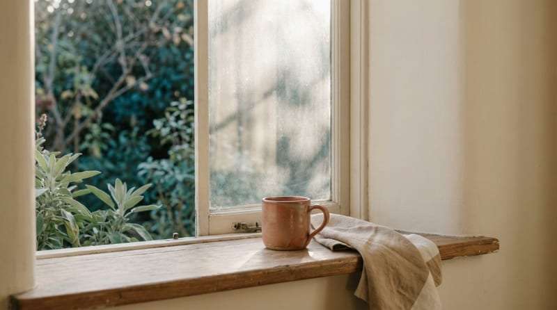 Keramiktasse auf einer Holzfensterbank, weiches Tageslicht, verschwommener Garten draußen