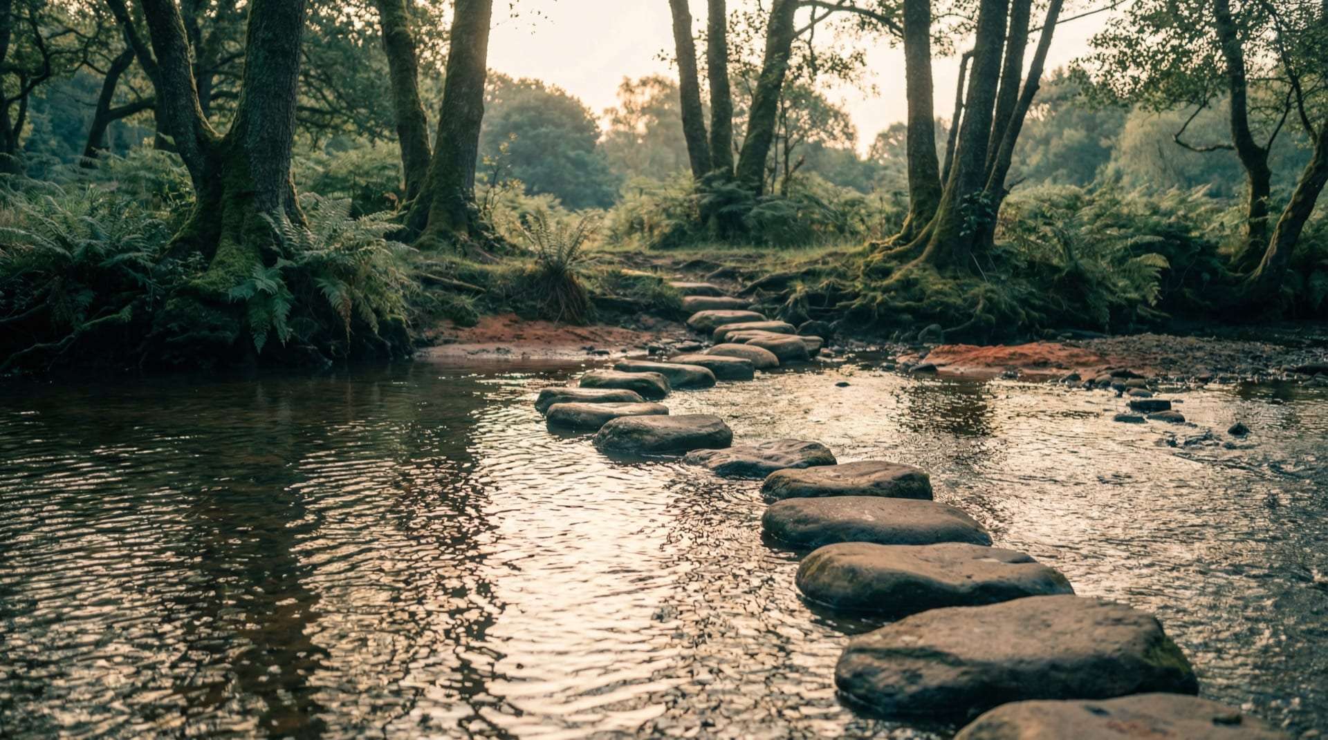 Trittsteine in feuchtem Gras, ein schmaler Pfad führt behutsam weiter — Atmosphäre kleiner Schritte