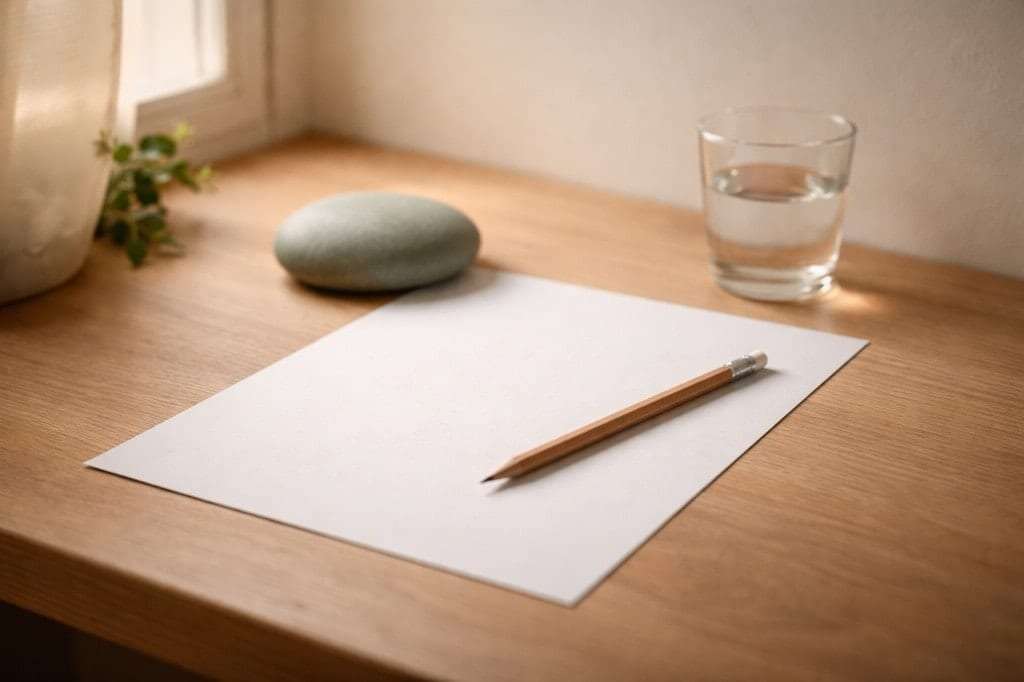 Ruhiger Schreibtisch mit leerem Blatt und Bleistift im weichen Tageslicht — Orientierung ohne Druck