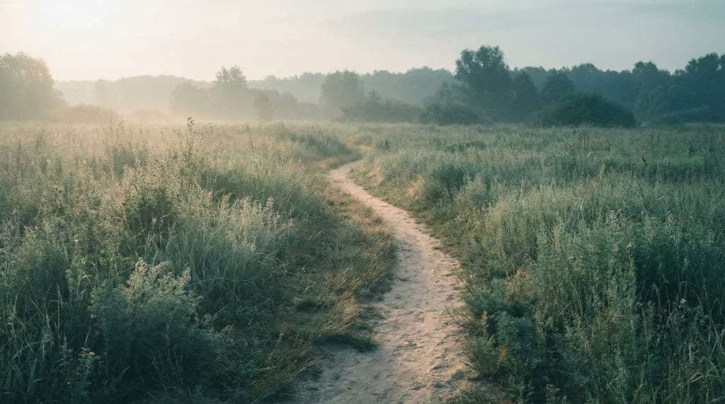 Schmaler sandiger Pfad durch hohes Gras und Kräuter, Morgennebel und sanftes Licht