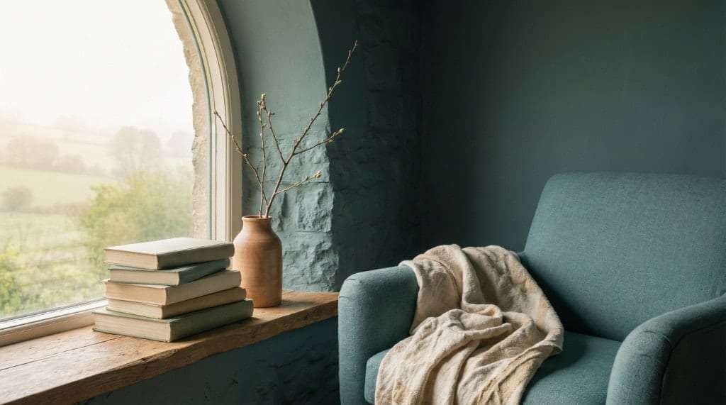 Leseecke mit Sessel, Büchern auf der Fensterbank und zarten Zweigen in einer Vase — ruhig und einladend